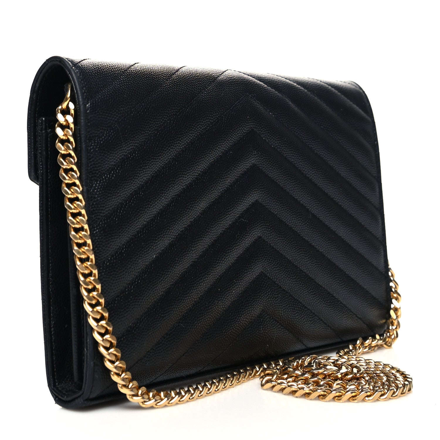 Saint Laurent Grain De Poudre Matelasse Chevron Monogram Chain Wallet Black 3 of 12
