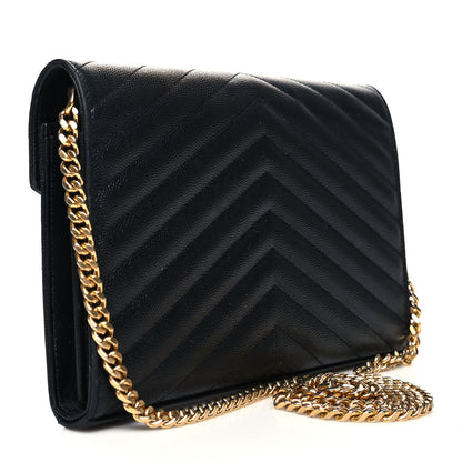 Saint Laurent Grain De Poudre Matelasse Chevron Monogram Chain Wallet Black 3 of 12