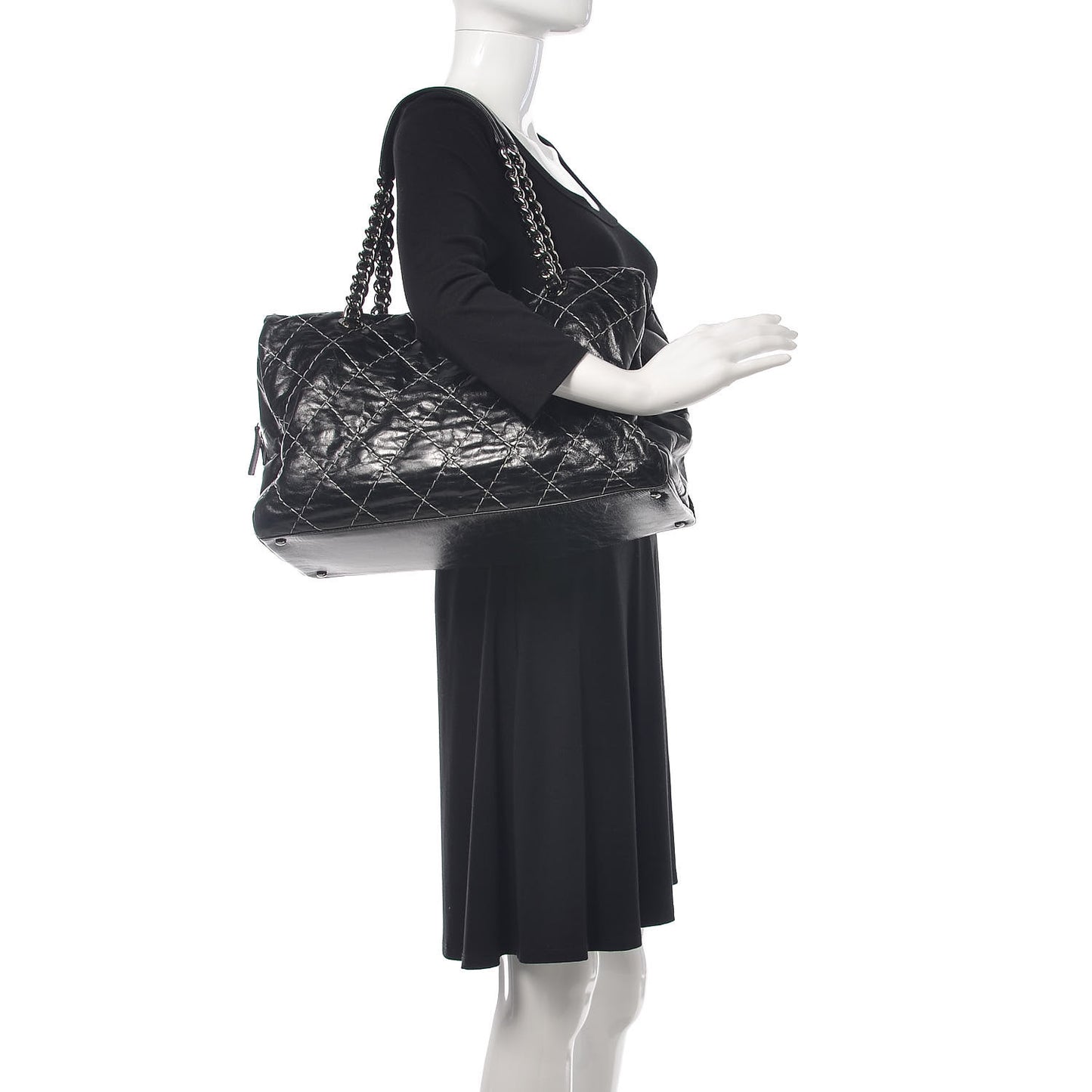 Glazed Goatskin Double Contrast Stitch Large Tote Black