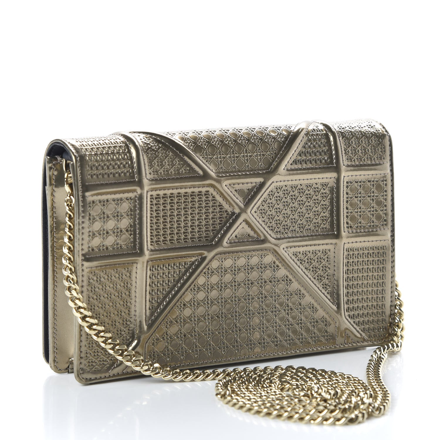 Christian Dior Metallic Patent Micro-Cannage Diorama Wallet on Chain Pouch Gold 3 of 9