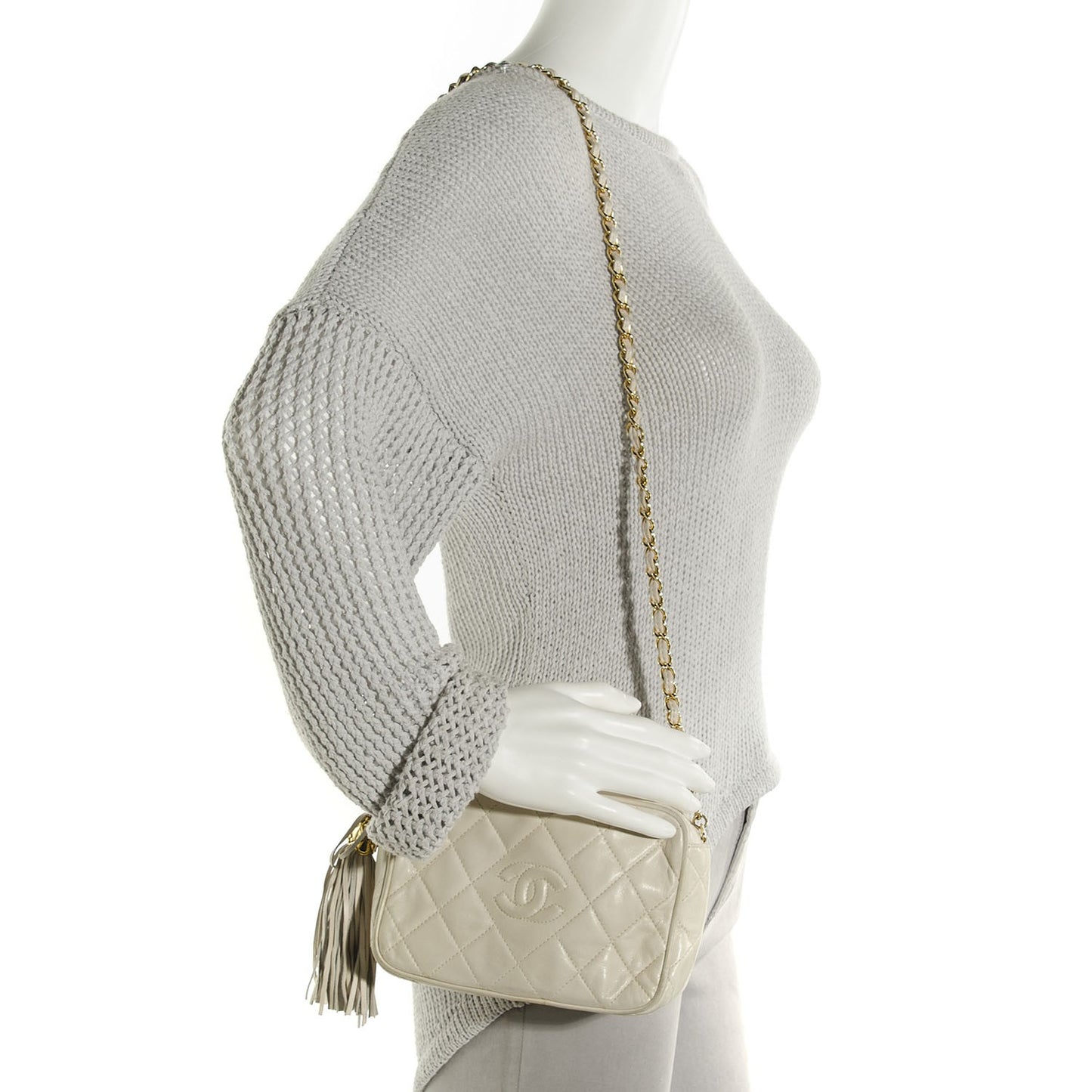 Lambskin Quilted Tassel Camera Case Beige Clair