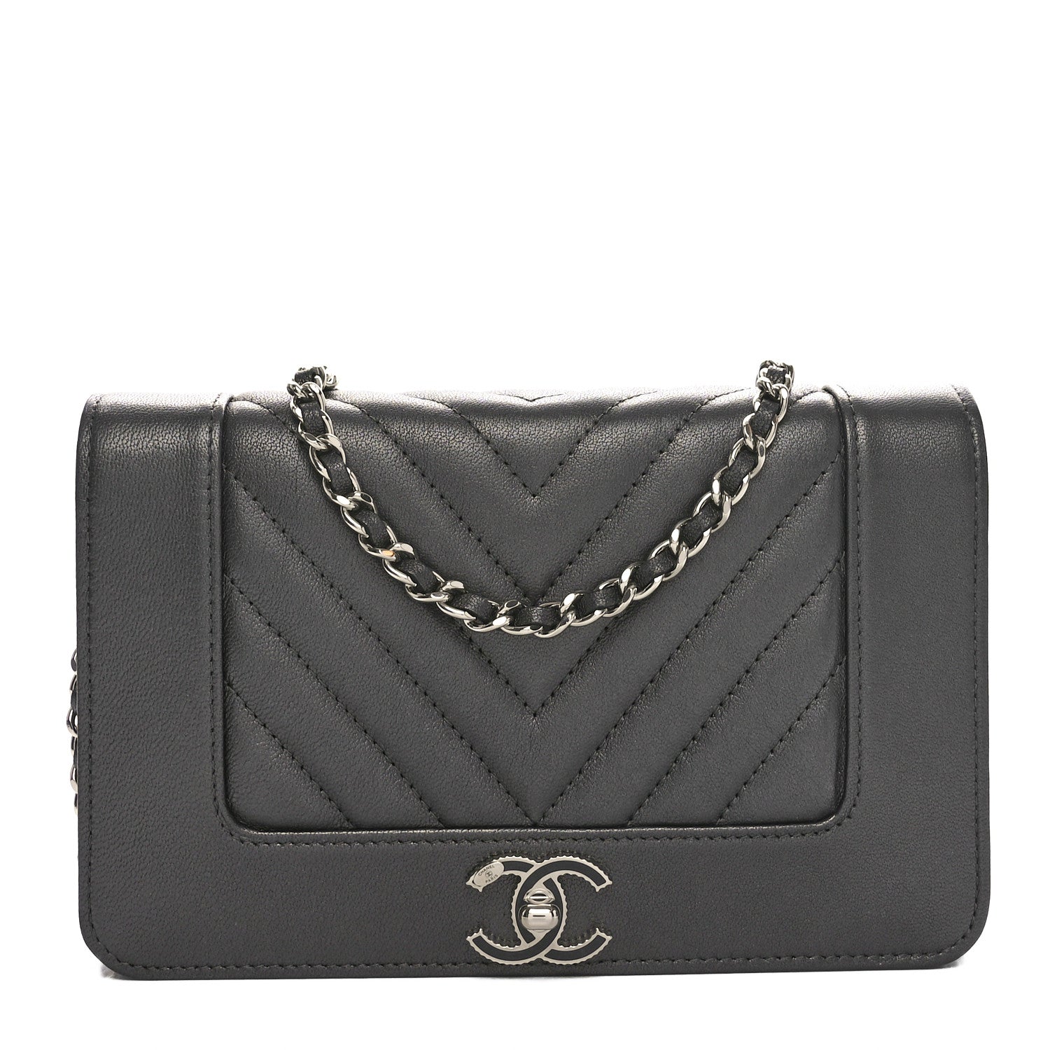 Chanel Metallic Goatskin Chevron Quilted Vintage Mademoiselle Wallet On Chain WOC Charcoal 1 of 11
