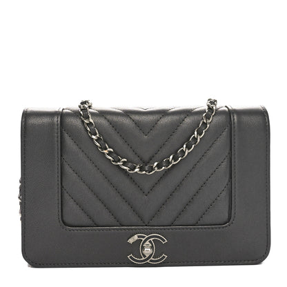 Chanel Metallic Goatskin Chevron Quilted Vintage Mademoiselle Wallet On Chain WOC Charcoal 1 of 11
