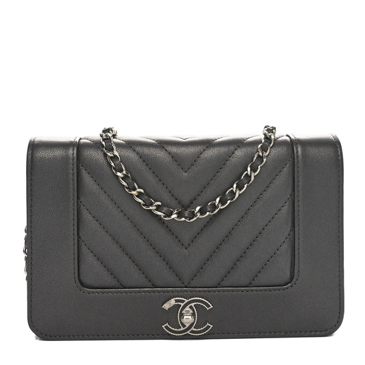 Metallic Goatskin Chevron Quilted Vintage Mademoiselle Wallet On Chain WOC Charcoal