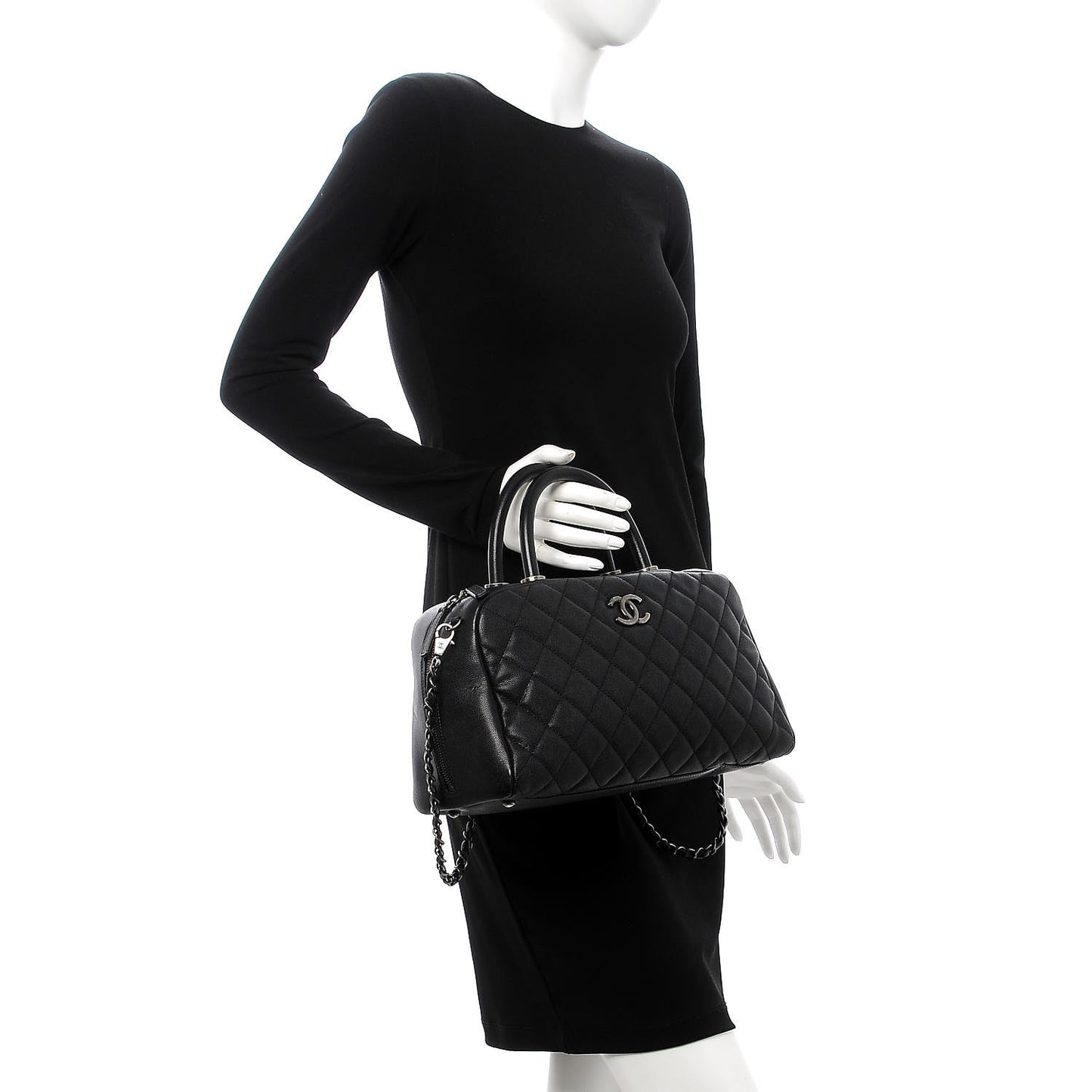Caviar Quilted Large Coco Handle Bowling Bag Black