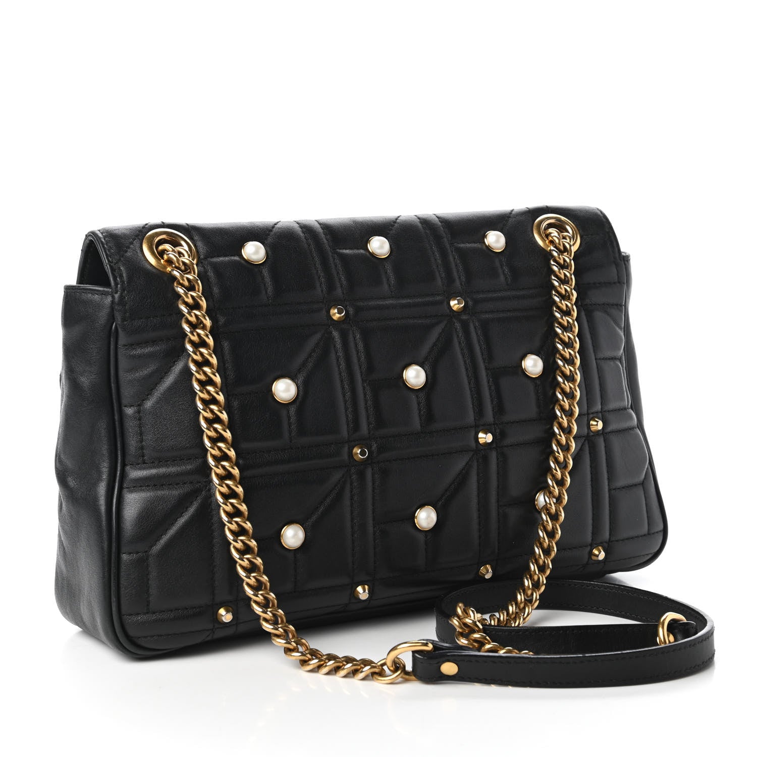 Gucci Calfskin Matelasse Studded Medium Pearly GG Marmont Shoulder Bag Black 3 of 10