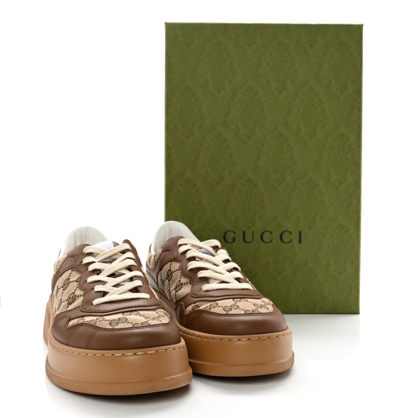Dali Soft Calfskin GG Monogram Mens Chunky Sneakers 9 Hezelnut Beige Ebony Mystic White