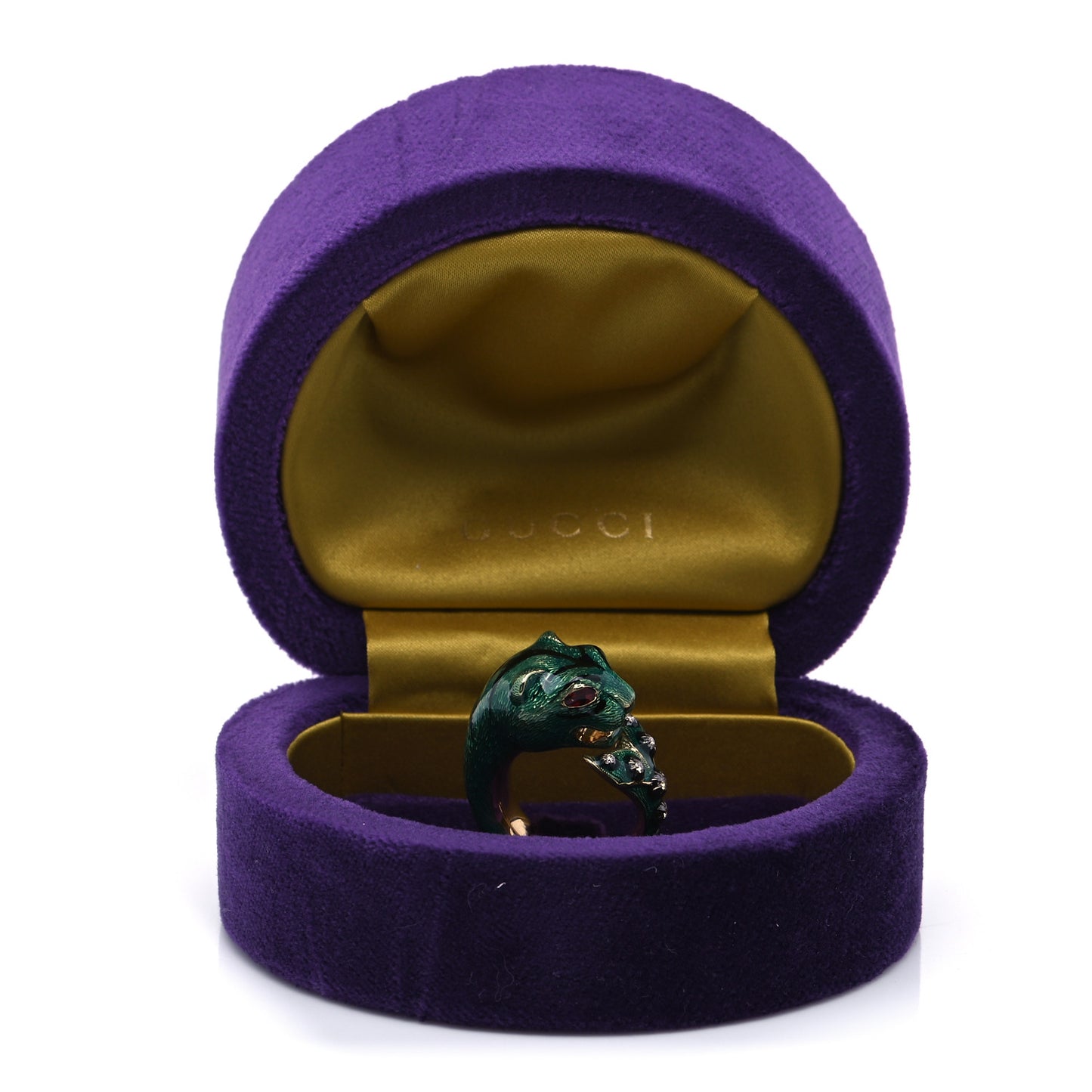 18K Yellow Gold Diamond Enamel Le Marche Des Merveilles Tiger Head Ring Green 54 7