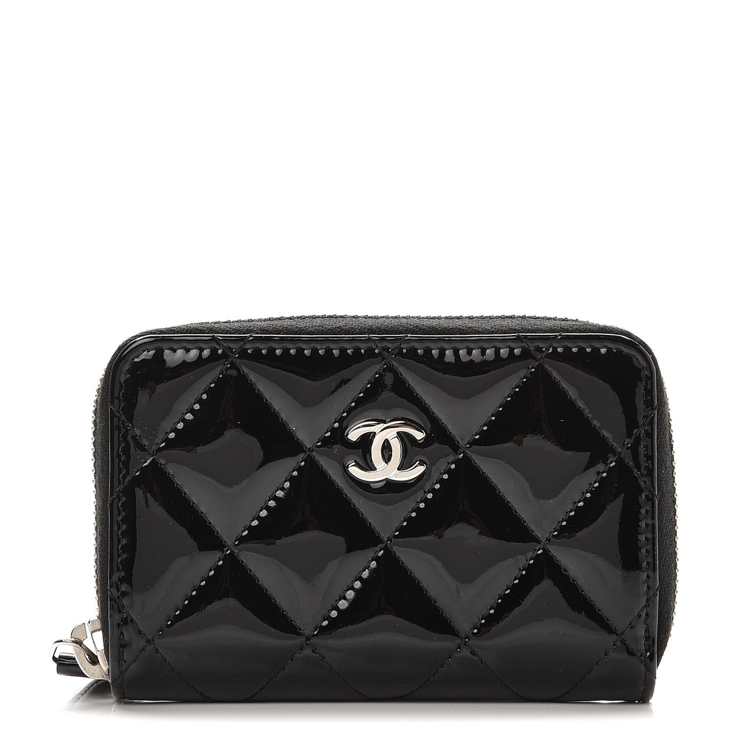 Patent Calfskin Quilted Zip Coin Purse Black