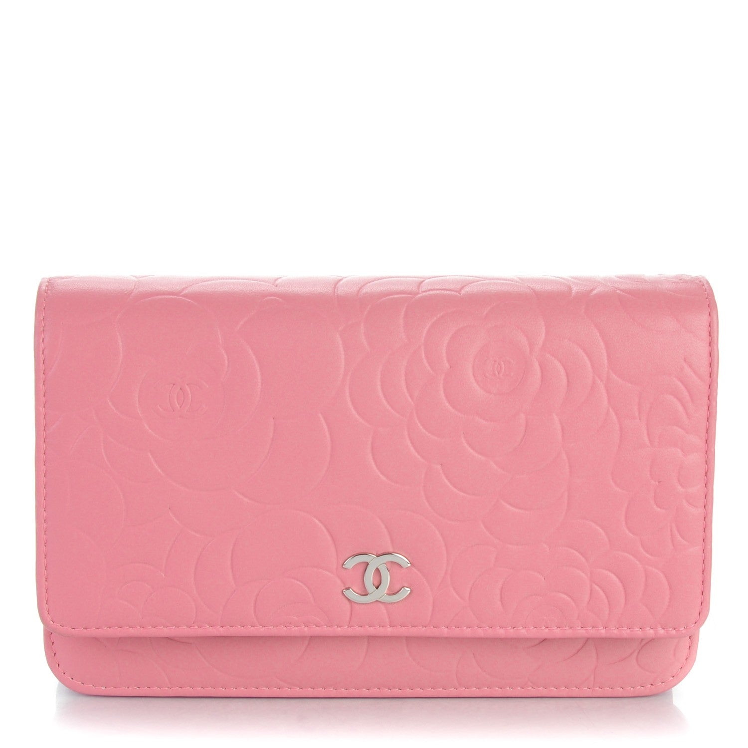 Chanel Lambskin Camellia Embossed Wallet on Chain WOC Pink 1 of 7