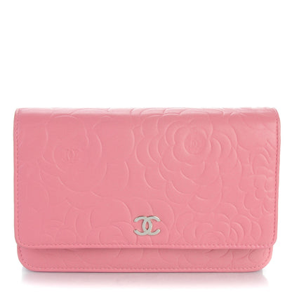 Chanel Lambskin Camellia Embossed Wallet on Chain WOC Pink 1 of 7