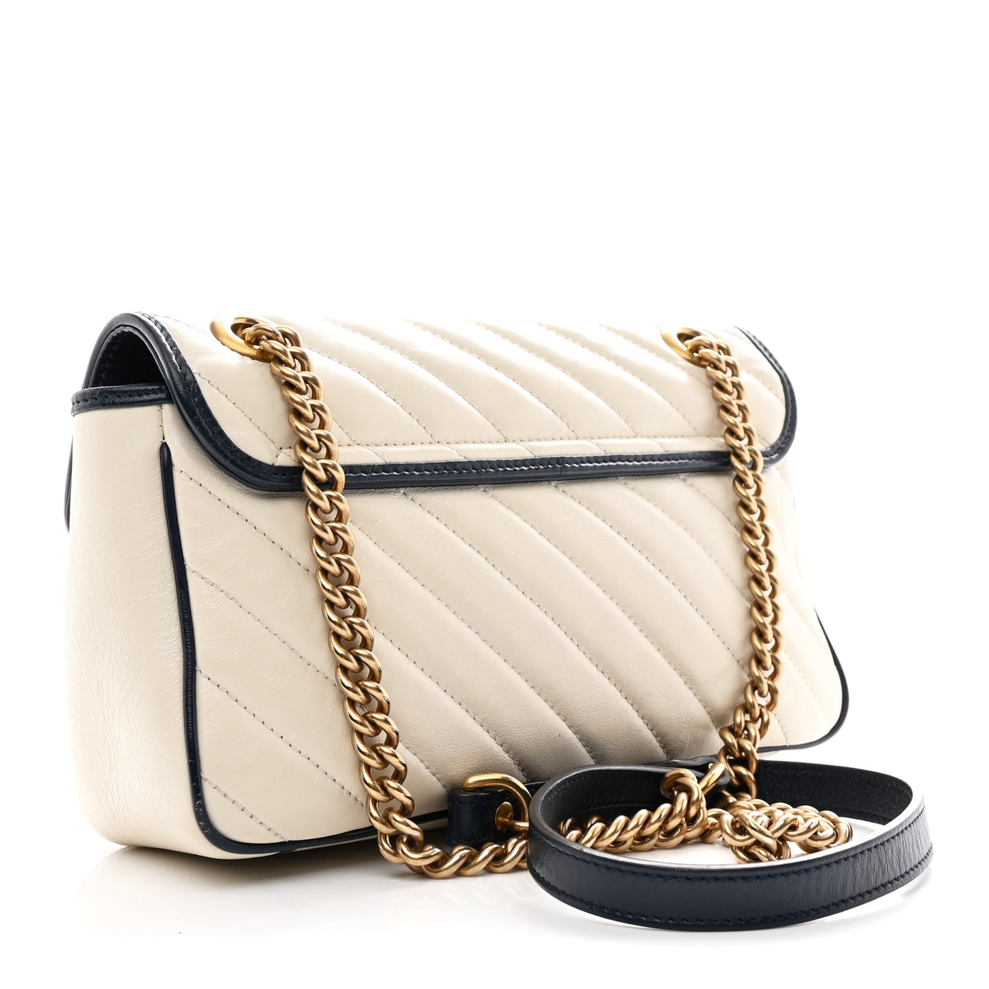 Vintage Effect Calfskin Matelasse Diagonal Small Torchon GG Marmont Shoulder Bag Mystic White Blue Agata