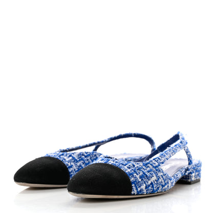 Chanel Tweed Cap Toe CC Slingback Flat 38.5 Blue Black 3 of 9