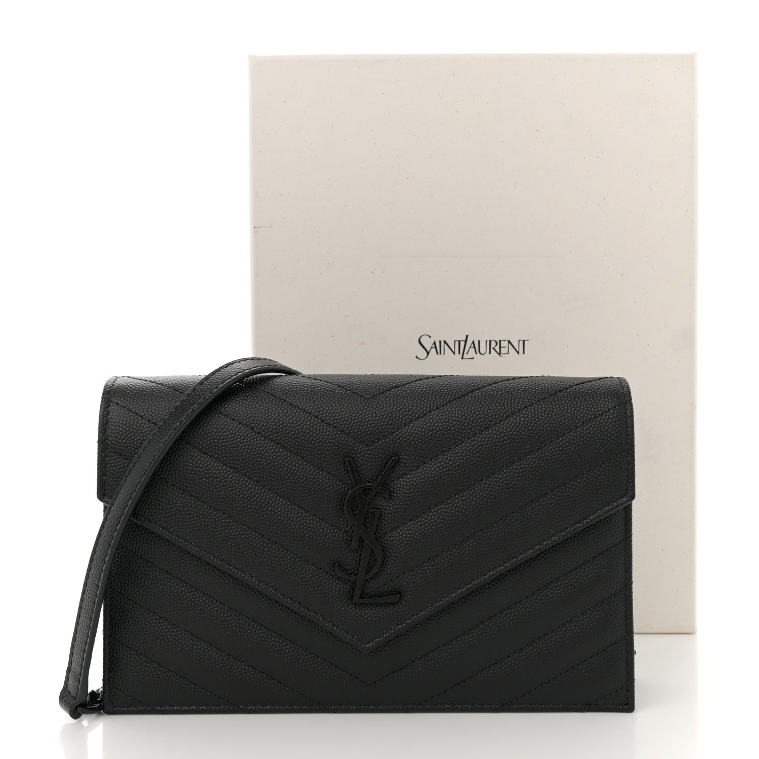 Saint Laurent Grain De Poudre Matelasse Chevron Monogram Monochrome Envelope Chain Wallet Black 11 of 11