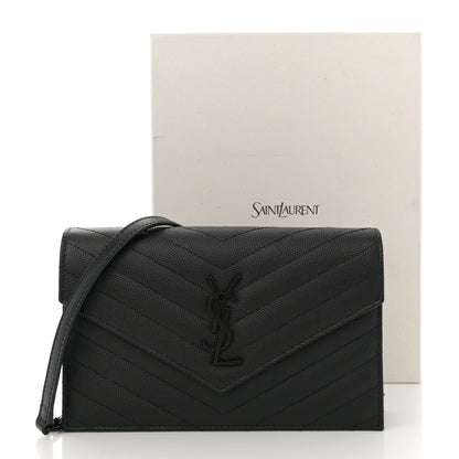 Saint Laurent Grain De Poudre Matelasse Chevron Monogram Monochrome Envelope Chain Wallet Black 11 of 11