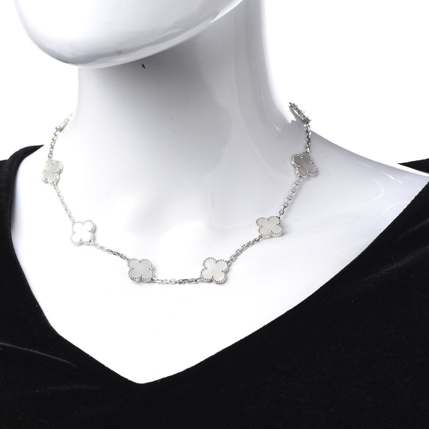 18K White Gold Mother of Pearl 10 Motifs Vintage Alhambra Necklace