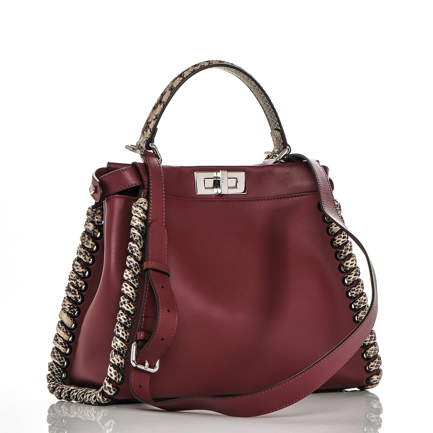Calfskin Elaphe Lace Up Medium Peekaboo Iconic Satchel Bordeaux Beige Verde