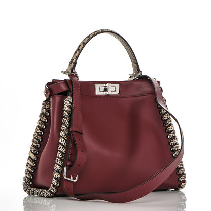 Fendi Calfskin Elaphe Lace Up Medium Peekaboo Iconic Satchel Bordeaux Beige Verde 3 of 7