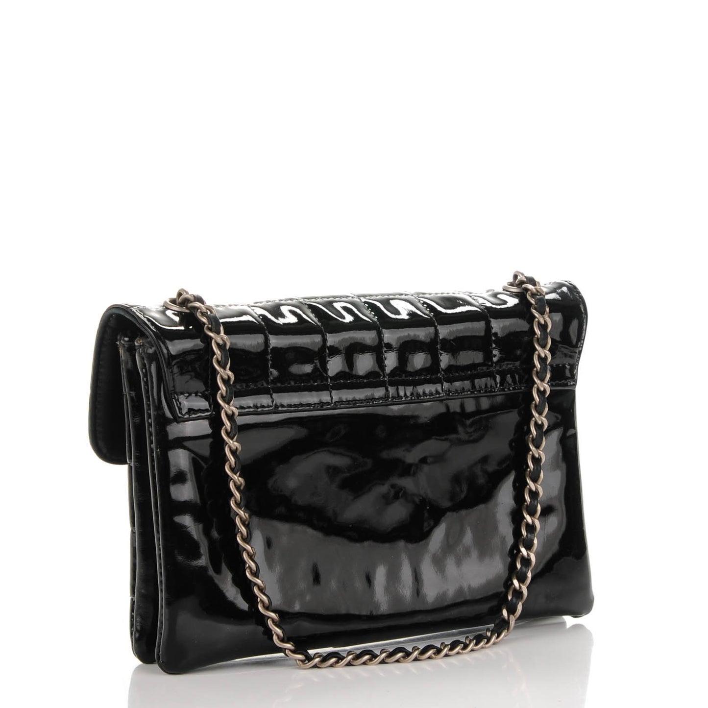 Patent Square Stitched Keyboard Flap Clutch Black