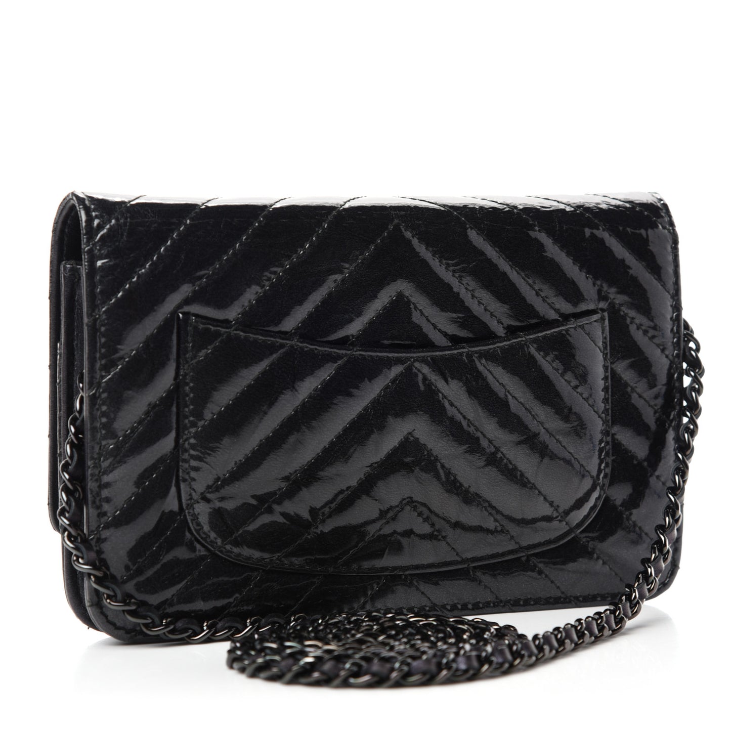 Patent Metallic Crumpled Calfskin Chevron Quilted Wallet On Chain WOC Black