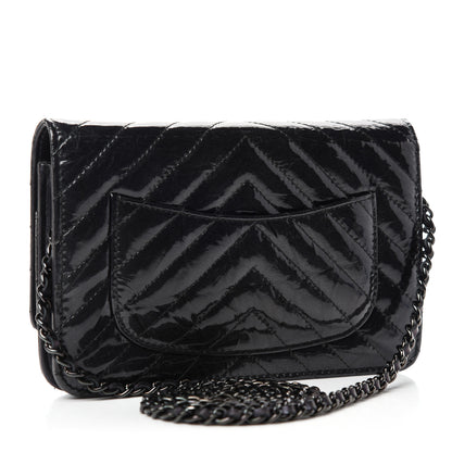 Chanel Patent Metallic Crumpled Calfskin Chevron Quilted Wallet On Chain WOC Black 3 of 14