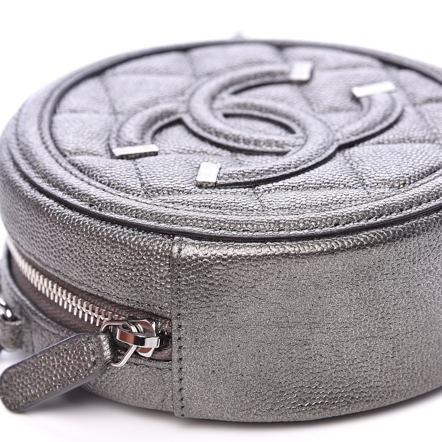 Metallic Caviar Quilted Round Filigree Crossbody Dark Silver