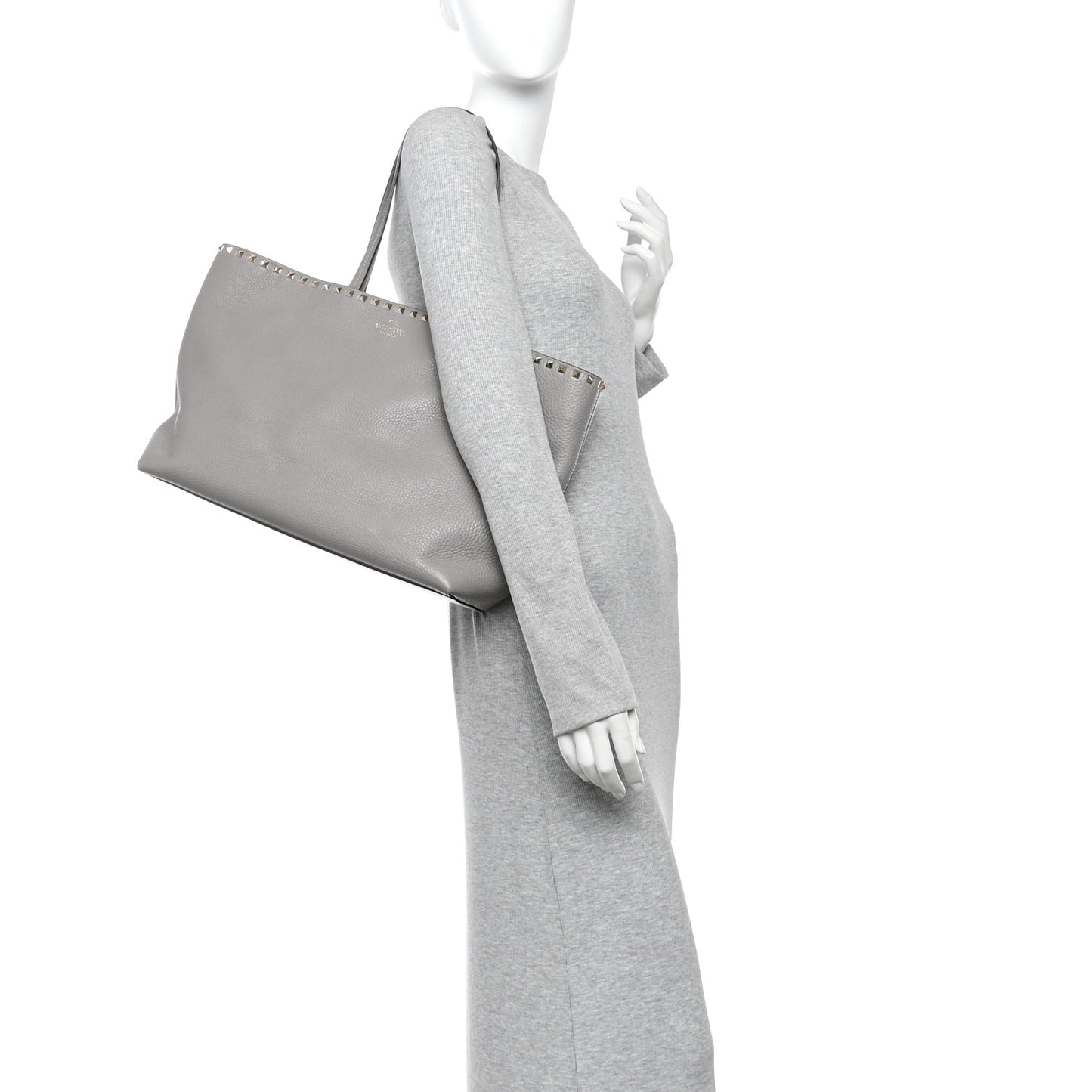 Grained Calfskin Rockstud Shoulder Tote Dove Grey