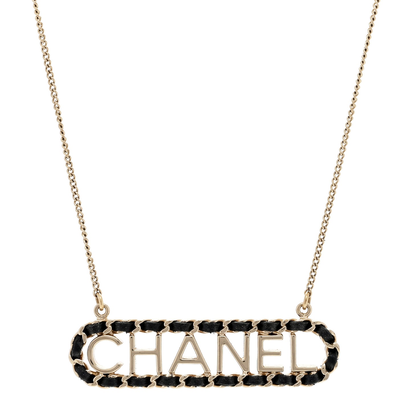 Metal Lambskin Logo Necklace Black Gold