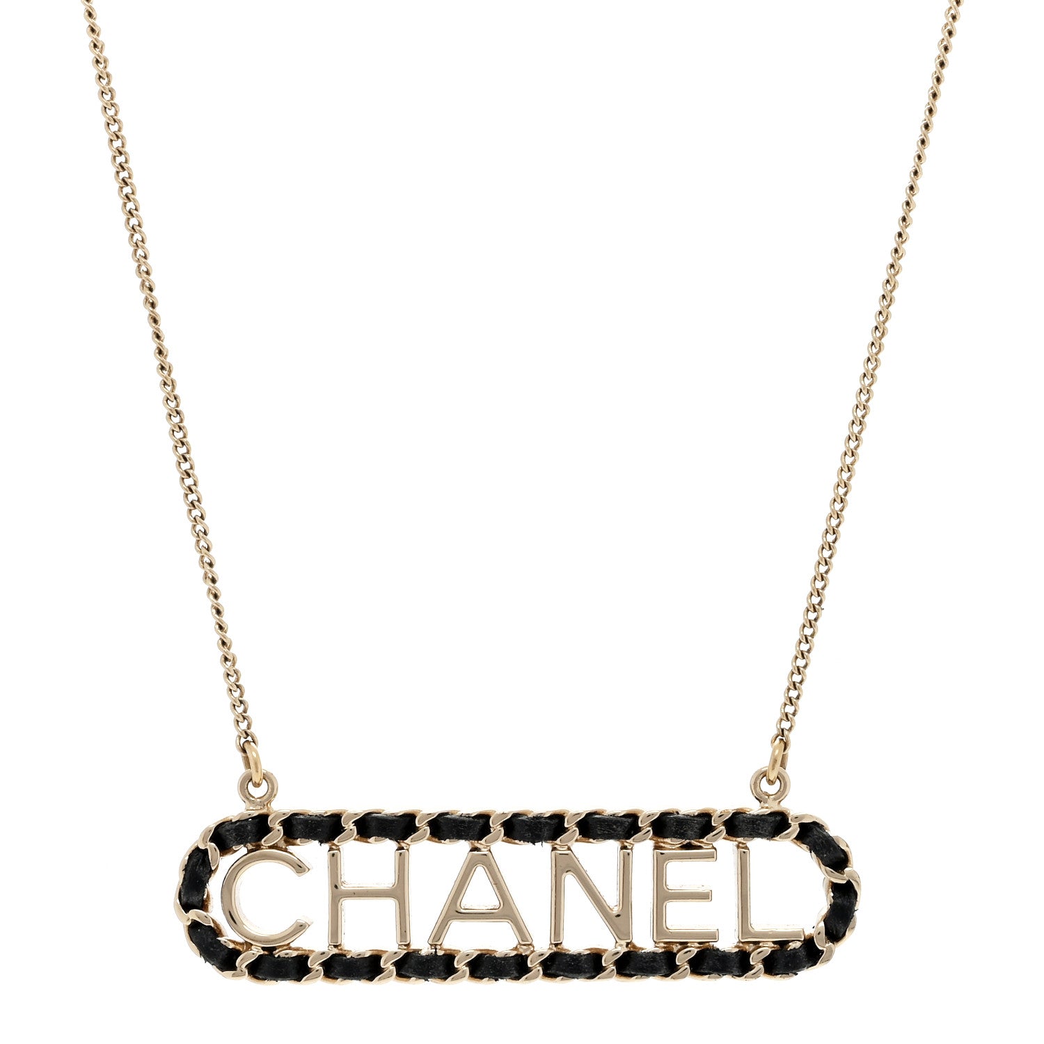 Chanel Metal Lambskin Logo Necklace Black Gold 1 of 3