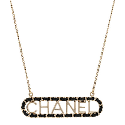 Chanel Metal Lambskin Logo Necklace Black Gold 1 of 3