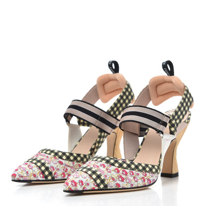Fendi Cotton Printed Colibri Slingback Mid-Heel Pumps 36 Rosa Multi Black Crema 3 of 8