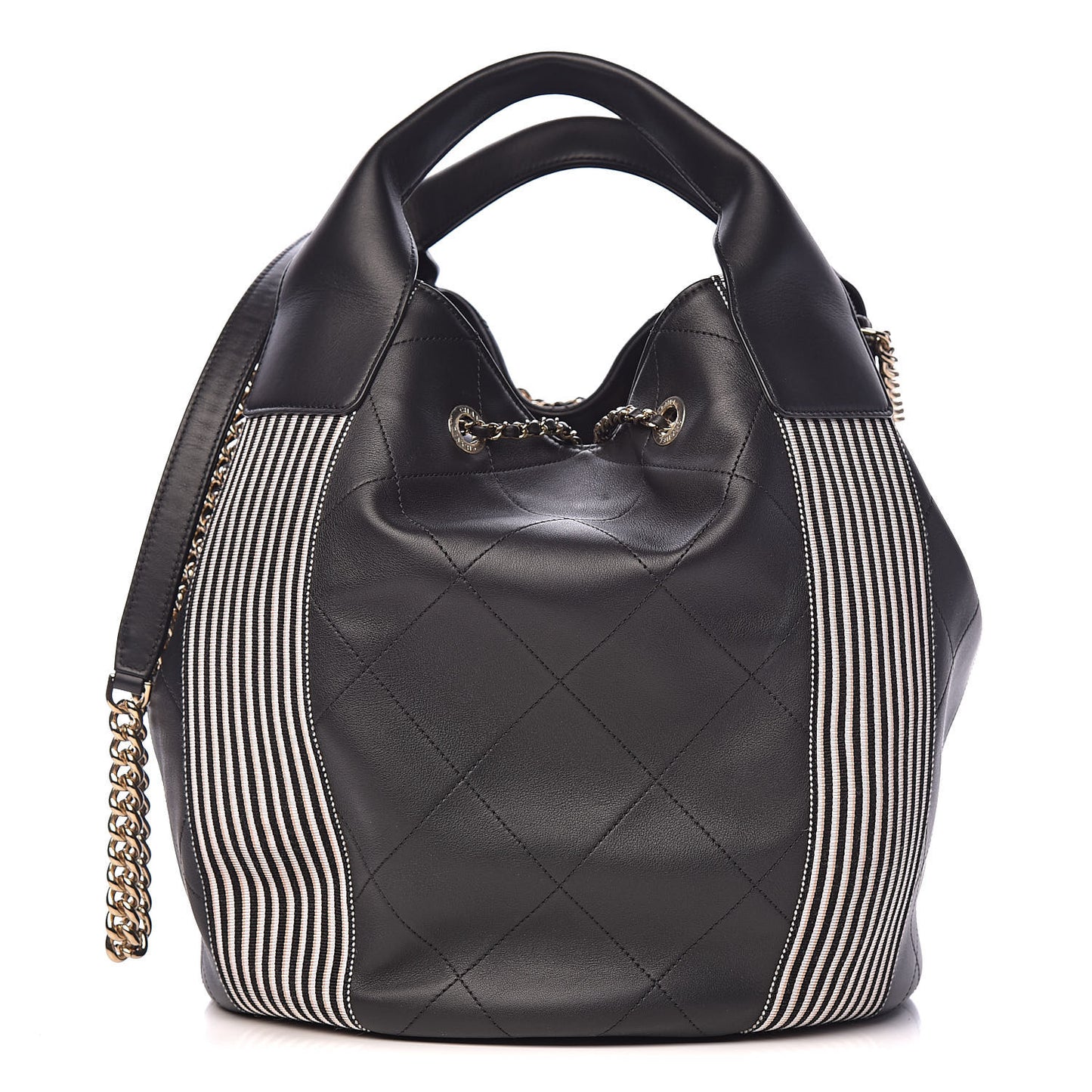 Calfskin Stitched Striped CC Drawstring Bag Black