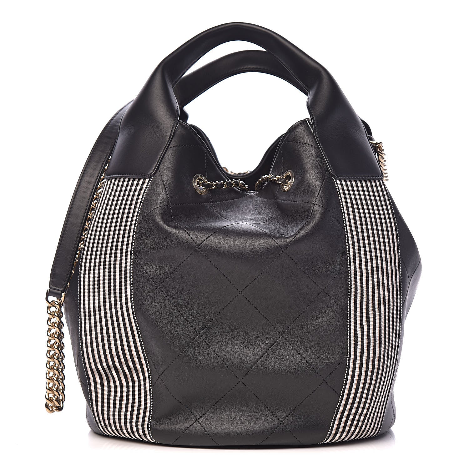 Chanel Calfskin Stitched Striped CC Drawstring Bag Black 1 of 11