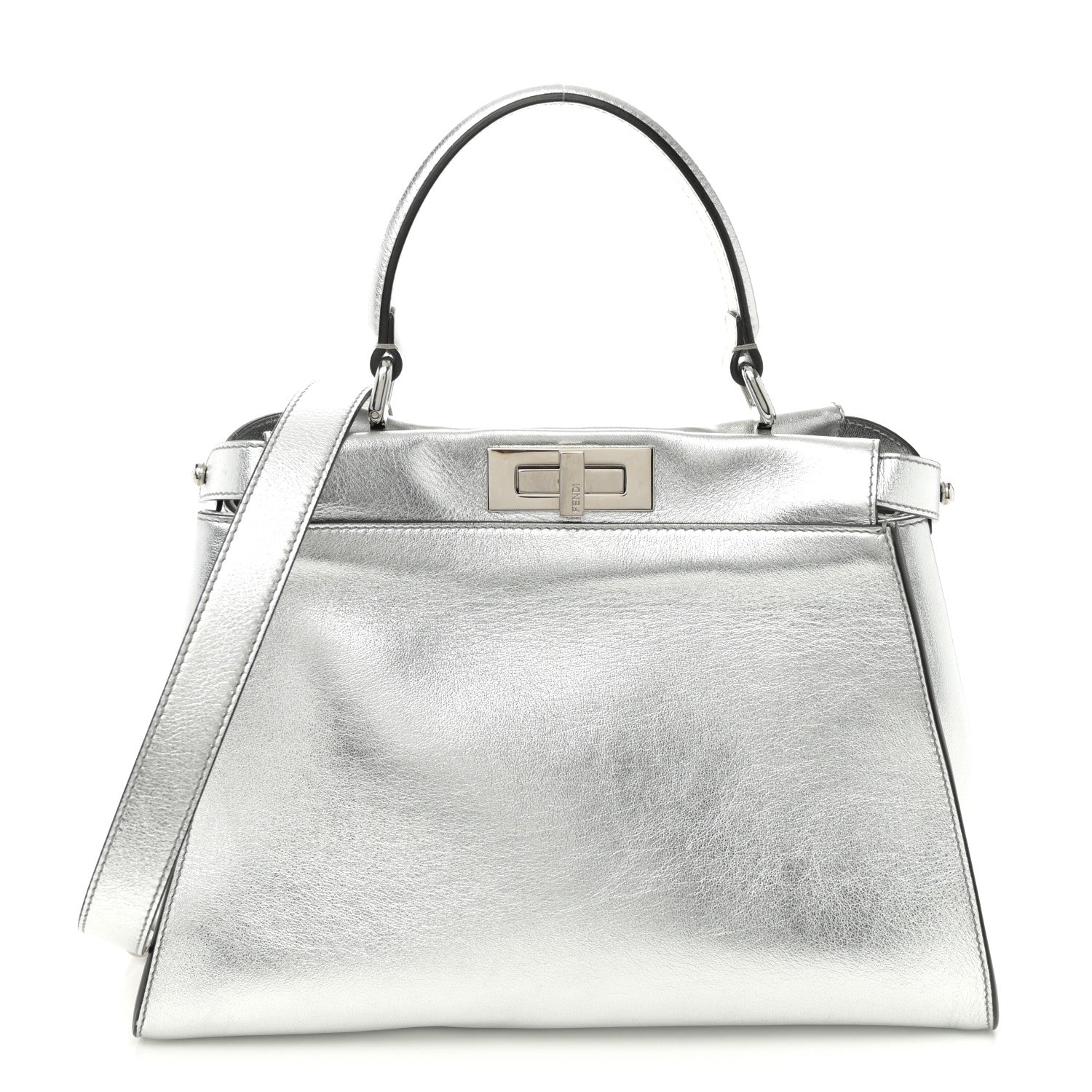 Fendi Vitello Catalan Mirror Medium Peekaboo Iconic Satchel Argento 1 of 10