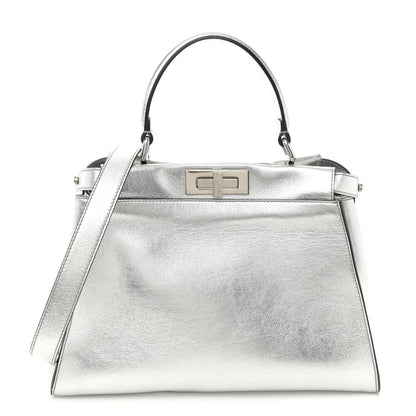 Fendi Vitello Catalan Mirror Medium Peekaboo Iconic Satchel Argento 1 of 10