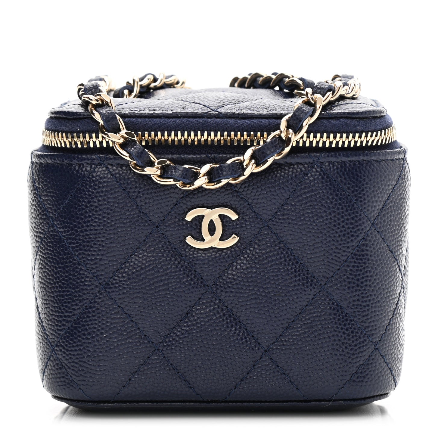 Caviar Quilted Mini Vanity Case With Chain Navy Blue