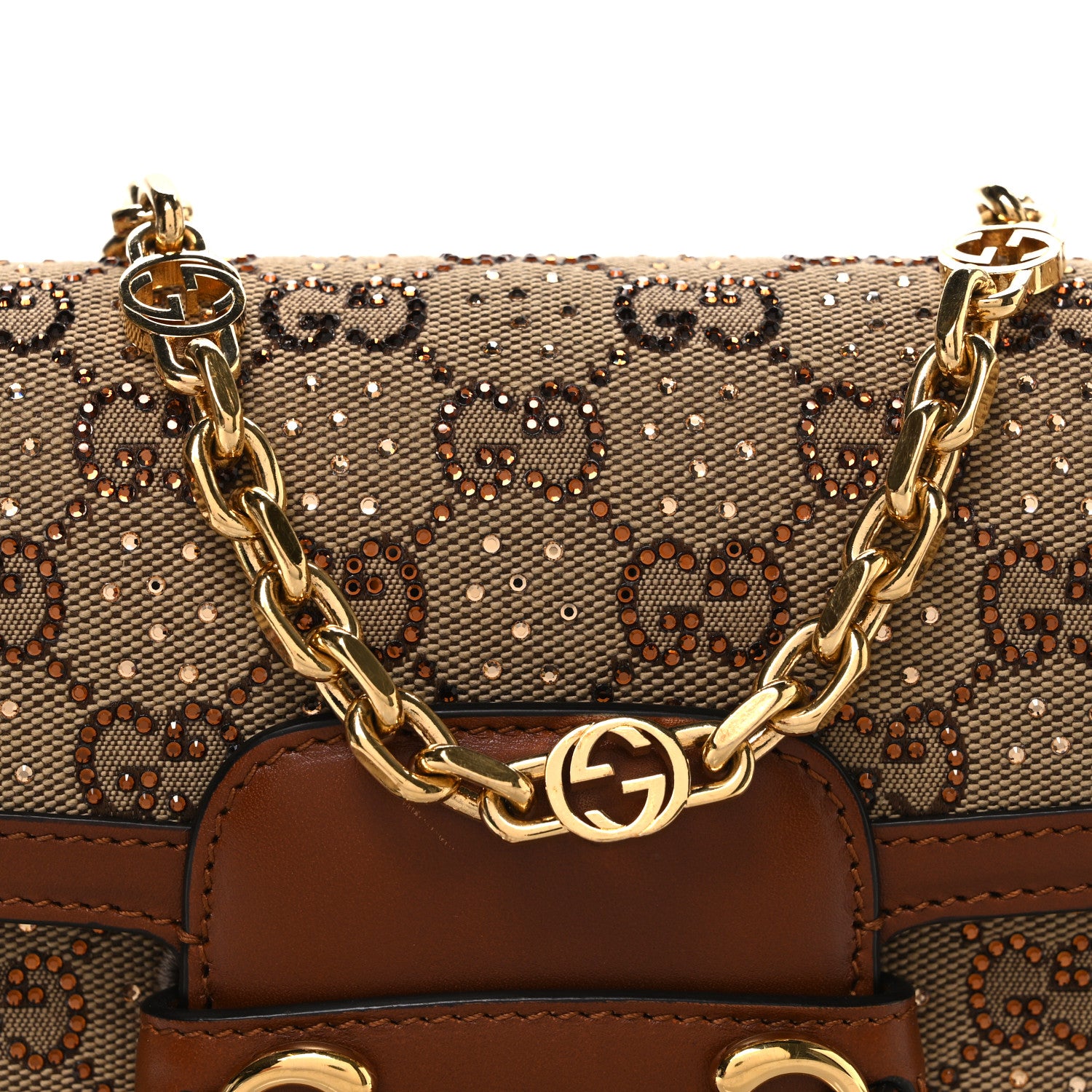 Gucci New Canvas Charisma Calfskin Crystal GG Monogram Mini Horsebit 1955 Shoulder Bag Camel Ebony 8 of 11