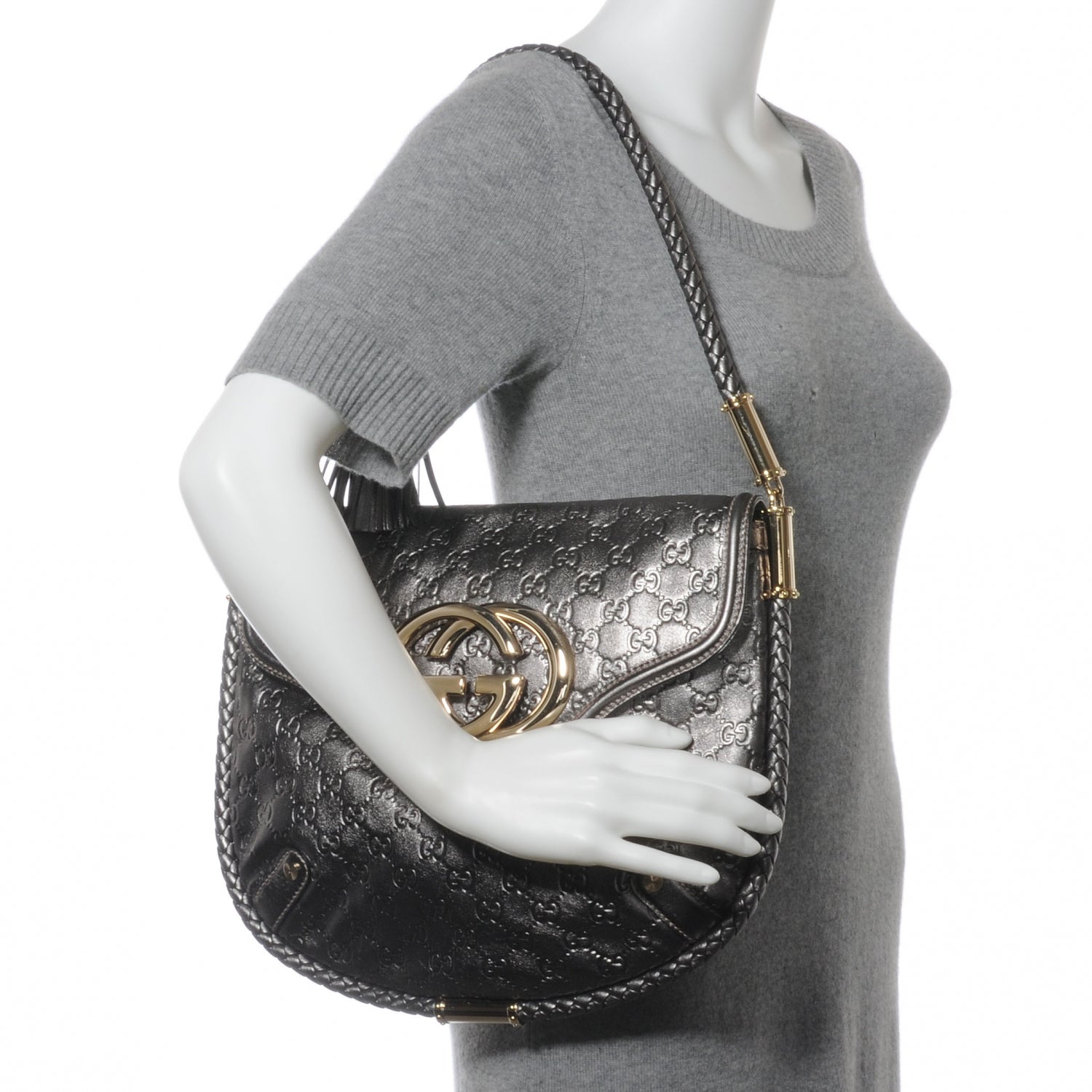 Gucci Guccissima Britt Tassel Shoulder Bag Gunmetal 2 of 7