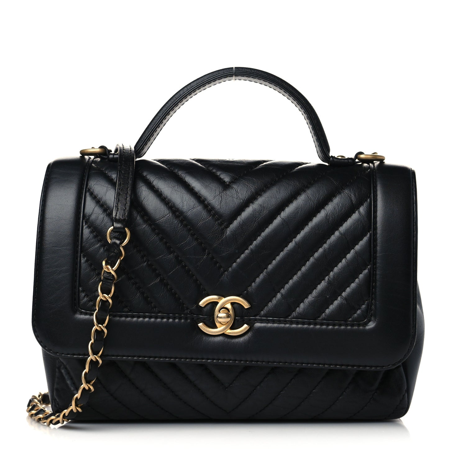 Calfskin Chevron Quilted Top Handle Flap Black