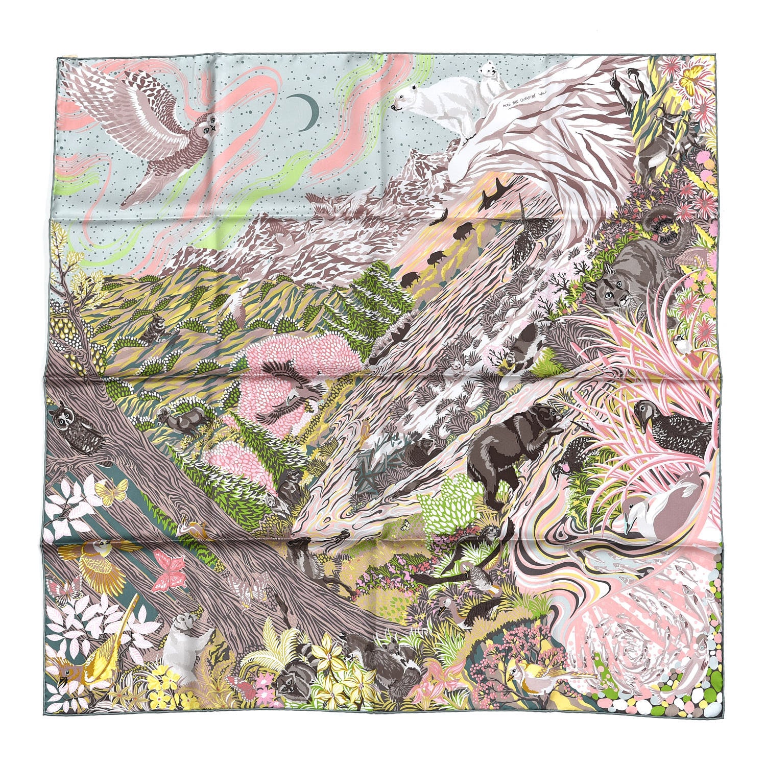 Hermes Silk Into the Canadian Wild Scarf 90 Rose Vert Jaune 1 of 5