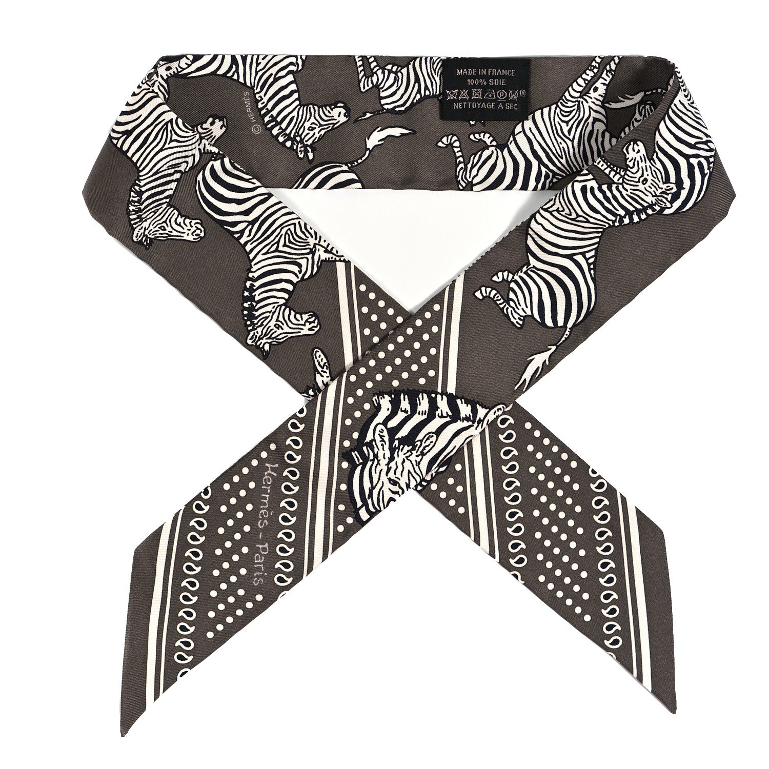 Hermes Silk Les Zebres Twilly Gris Taupe Black White 1 of 3