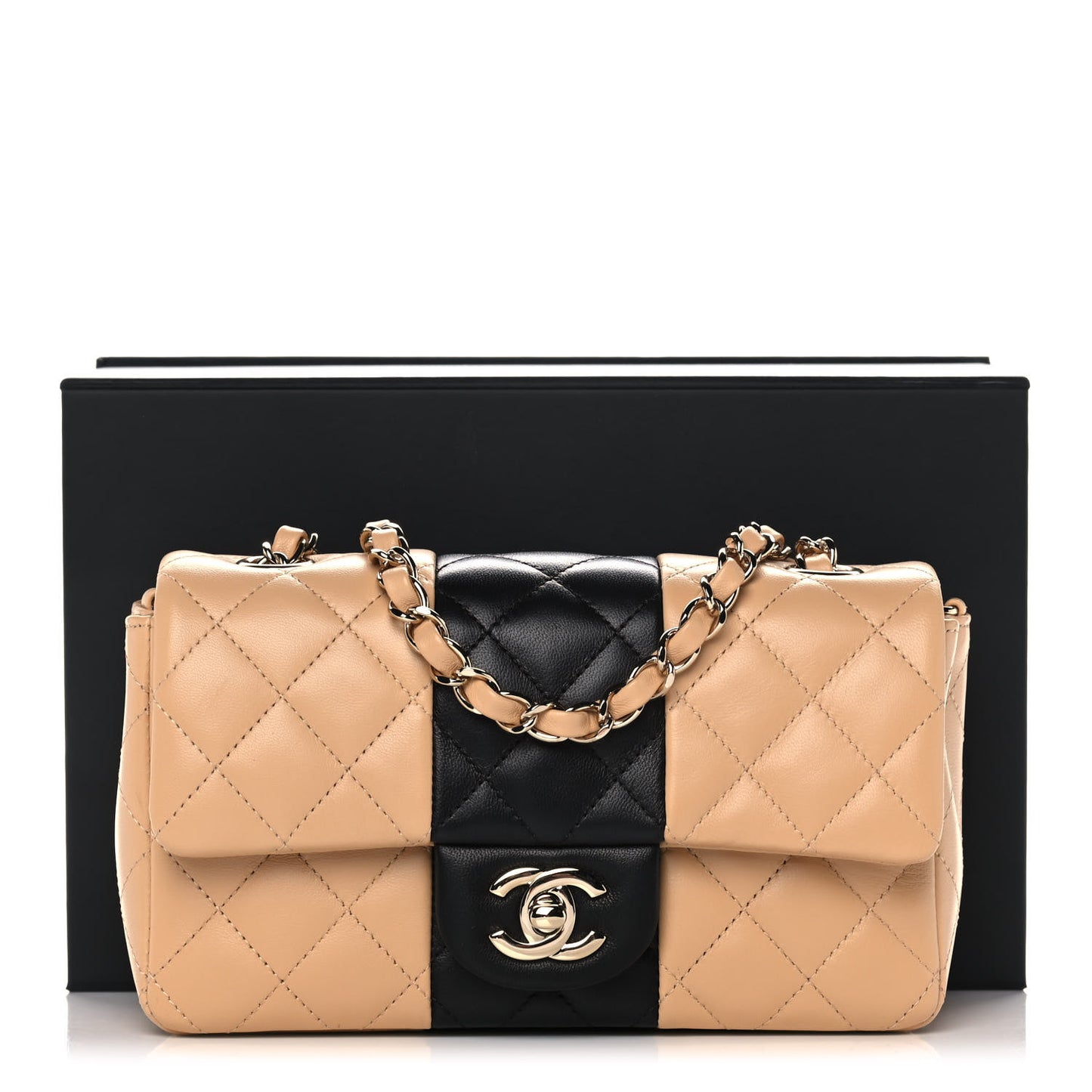 Lambskin Quilted Mini Rectangular Flap Beige Black