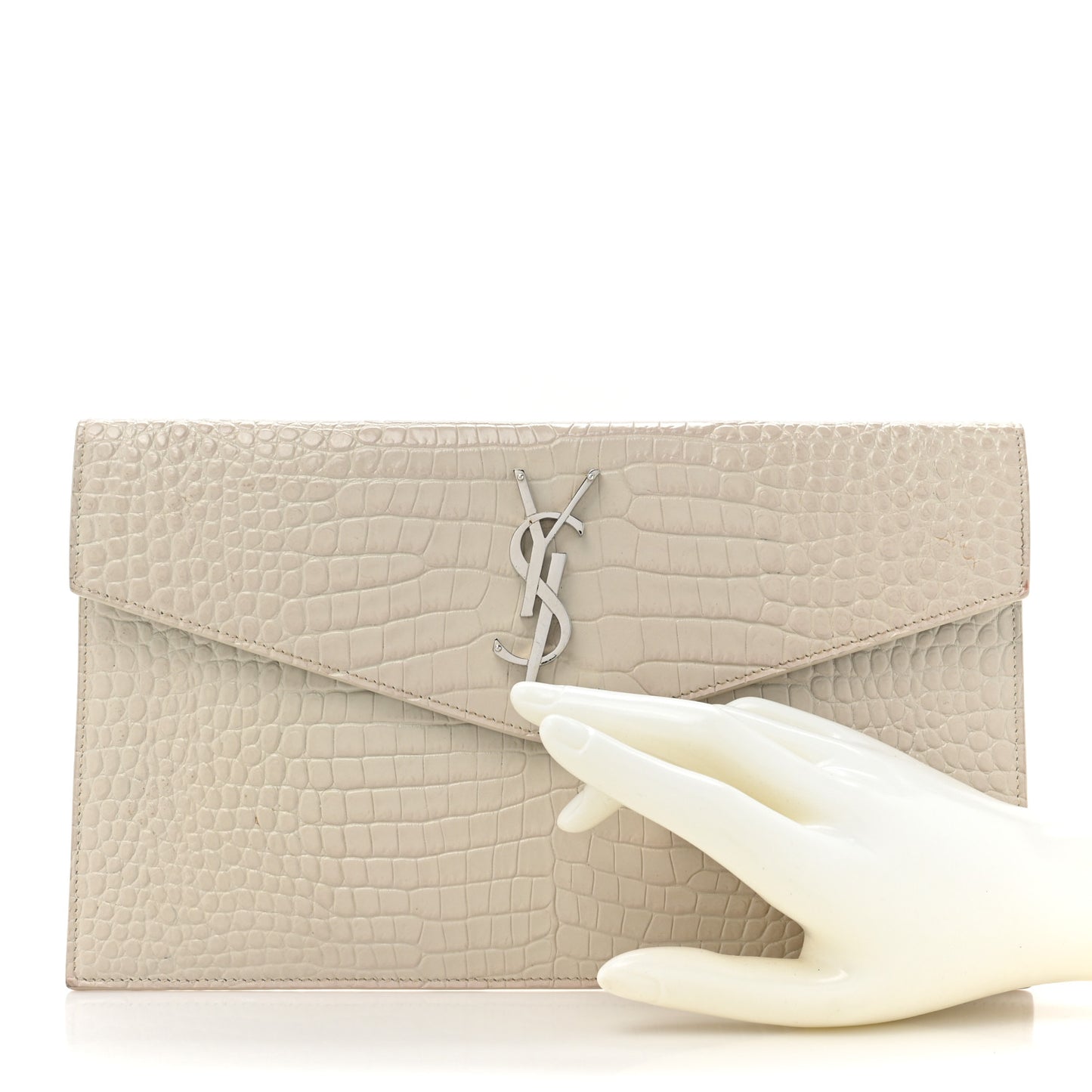 Calfskin Crocodile Embossed Uptown Monogram Clutch Porcellana