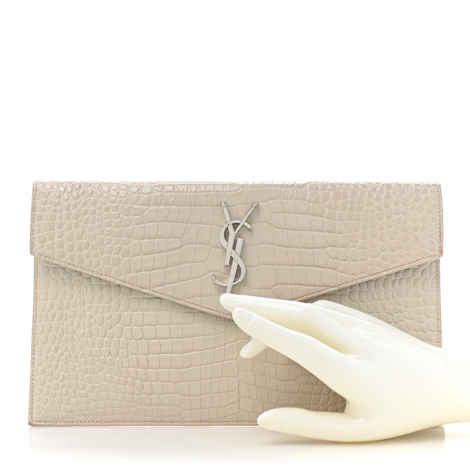 Saint Laurent Calfskin Crocodile Embossed Uptown Monogram Clutch Porcellana 2 of 14