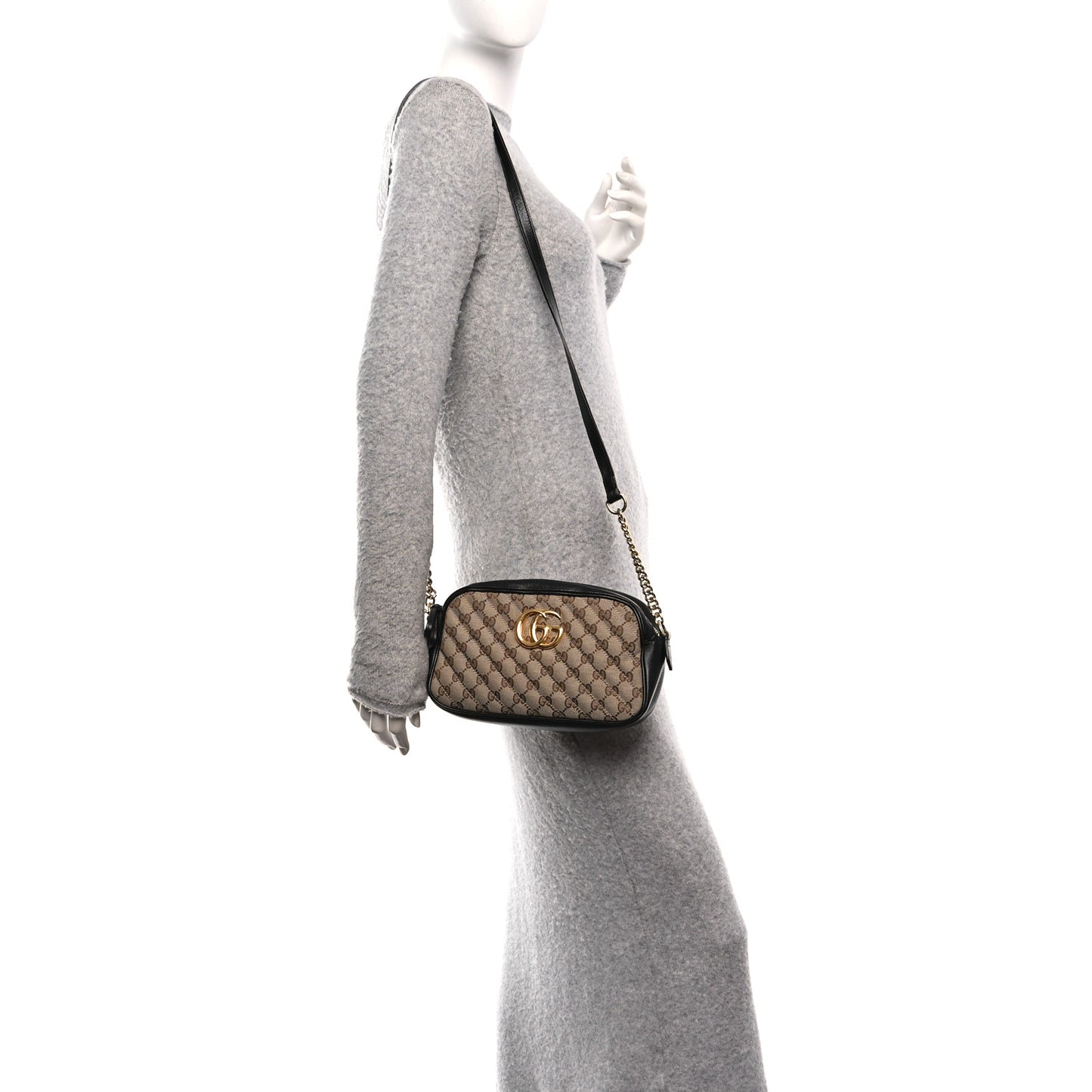 Monogram Matelasse Diagonal Small GG Marmont Chain Shoulder Bag Beige Black