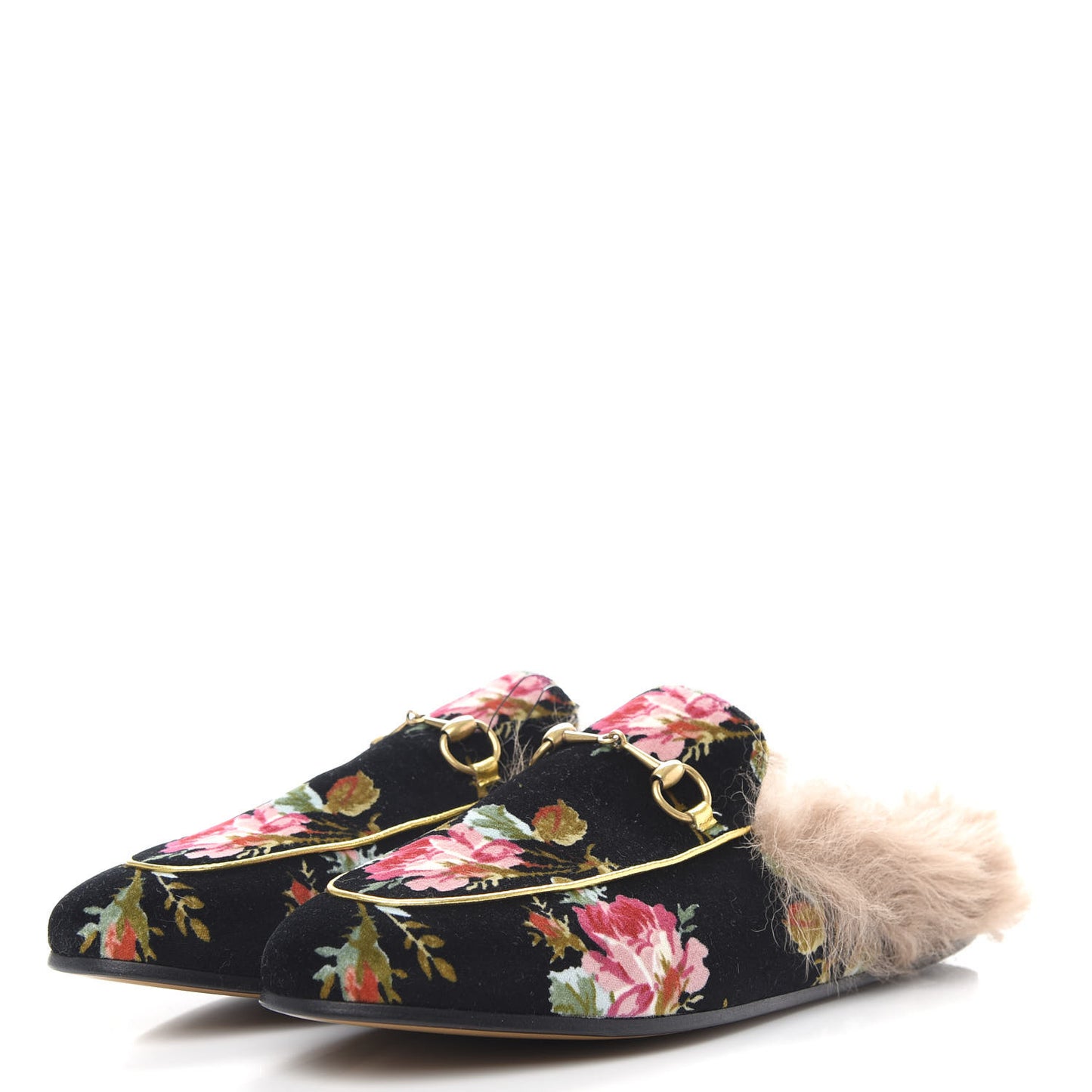 Velvet Fur Floral Womens Princetown Slippers 39.5 Black