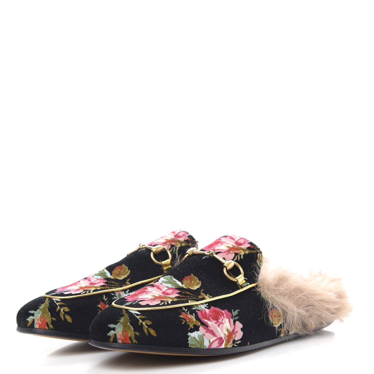 Gucci Velvet Fur Floral Womens Princetown Slippers 39.5 Black 3 of 9