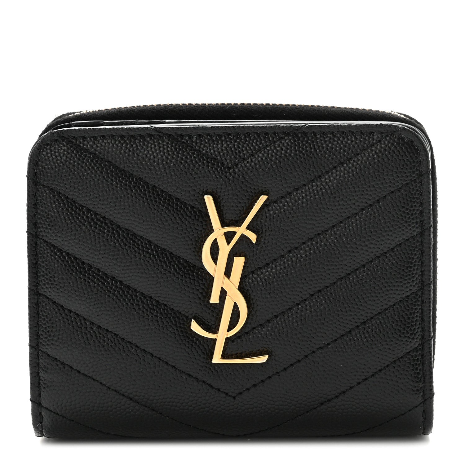 Saint Laurent Grain De Poudre Matelasse Chevron Monogram Compact Zip Around Wallet Black 1 of 6