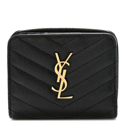 Saint Laurent Grain De Poudre Matelasse Chevron Monogram Compact Zip Around Wallet Black 1 of 6