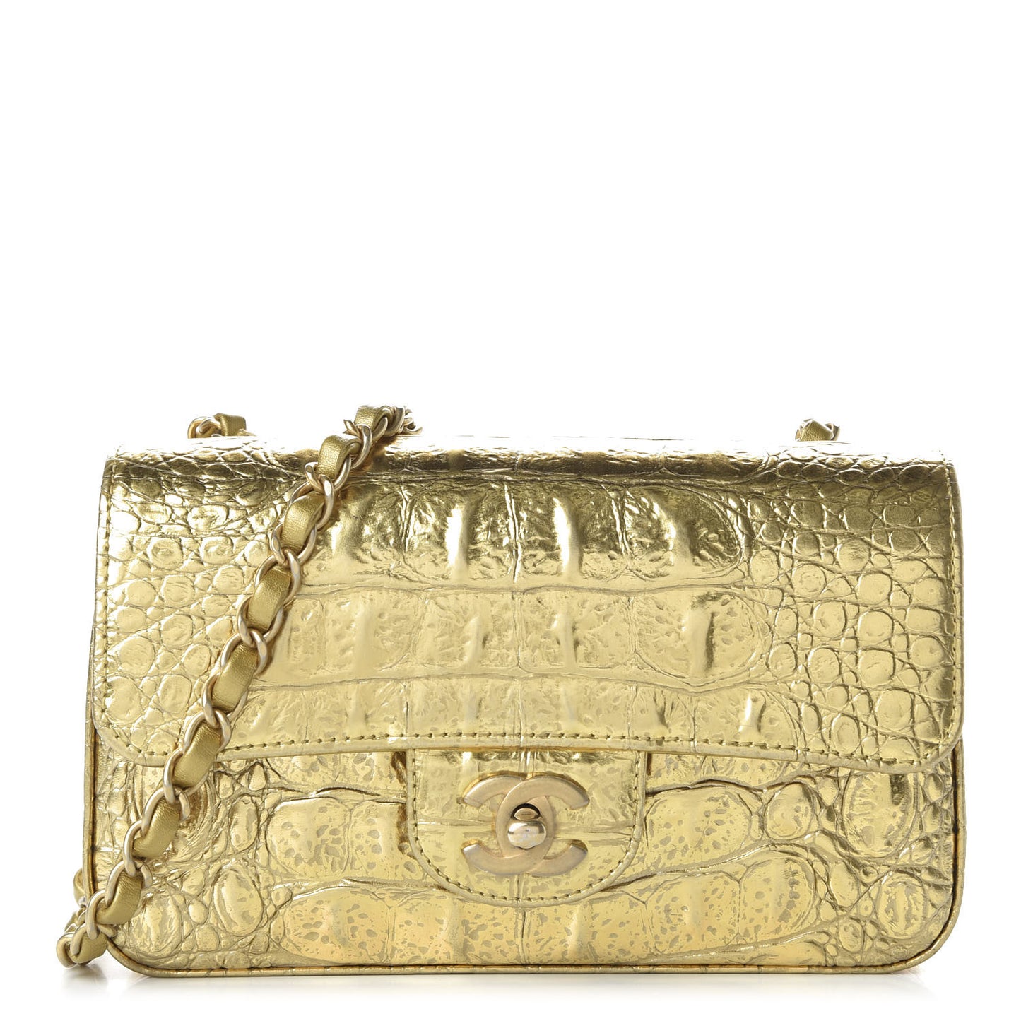 Metallic Calfskin Crocodile Embossed Cocodile Rectangular Mini Flap Gold
